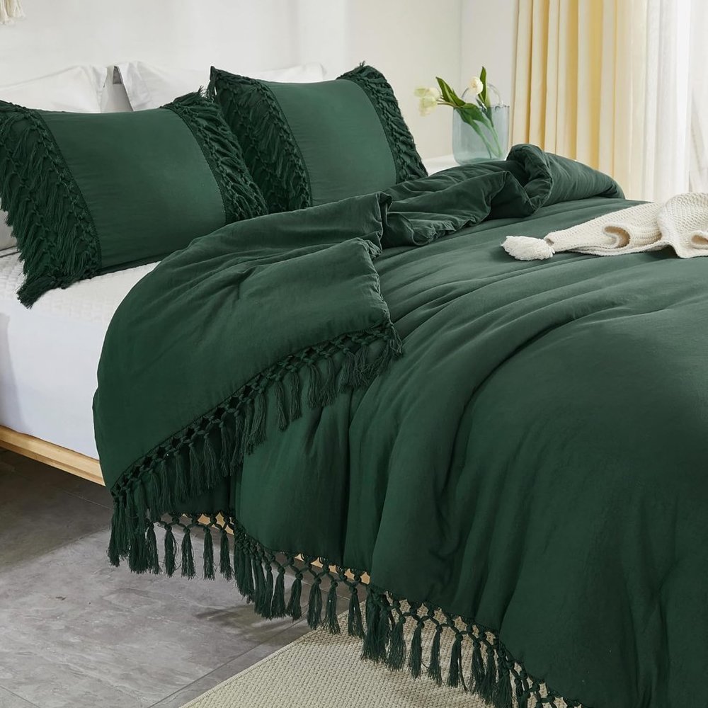 Dark Forest Green Tassels Full Size Bed Comforter Shams Pine Boho Bedding Set